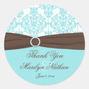 Aqua Blue, White Damask Wedding Favor Sticker