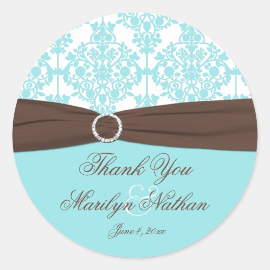 Aqua Blue, White Damask Wedding Favor Sticker (Vorderseite)