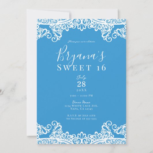 Aqua Blue & White Lace Elegant Sweet 16 Party Einladung (Vorderseite)
