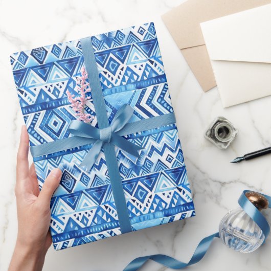 Aqua Blue White Tribal Stripes Birthday Geschenkpapier (Schenken)