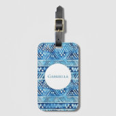 Aqua Blue White Tribal Stripes Dots Gepäckanhänger (Vorderseite Vertikal)