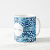 Aqua Blue White Tribal Stripes Dots Kaffeetasse (VorderseiteRechts)