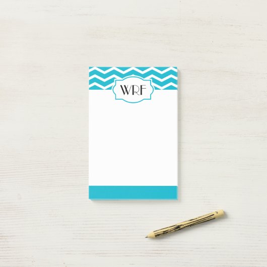 Aqua Blue White Zickzack Gemusterten Mit Monogramm Post-it Klebezettel (Auf Schreibtisch)