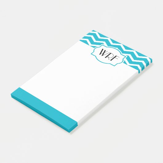 Aqua Blue White Zickzack Gemusterten Mit Monogramm Post-it Klebezettel (angewinkelt)
