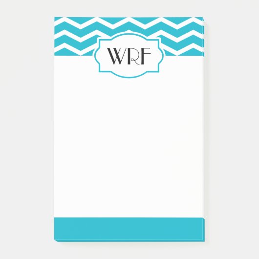 Aqua Blue White Zickzack Gemusterten Mit Monogramm Post-it Klebezettel (Vorderseite)