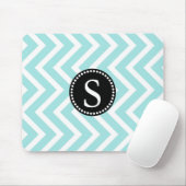 Aqua Blue & White Zigzag Muster Black Monogram Mousepad (Mit Mouse)