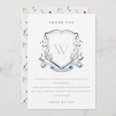 Aqua Blue Wildblume Monogram Wappen Brautparty Dankeskarte (Vorne/Hinten)