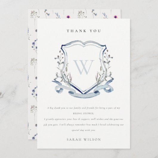 Aqua Blue Wildblume Monogram Wappen Brautparty Dankeskarte (Vorne/Hinten)