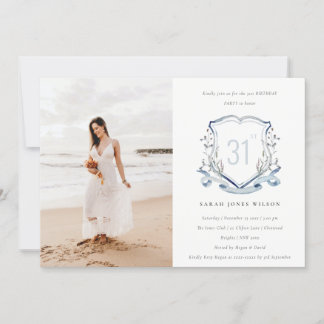 Aqua Blue Wildblume Monogram Wappen Foto Geburtsta Einladung