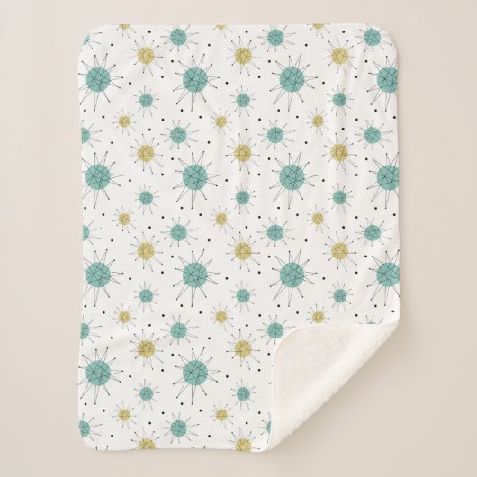 Aqua Blue Yellow Atomtern Muster Mitte Jahrhundert Sherpadecke (Vorderseite)