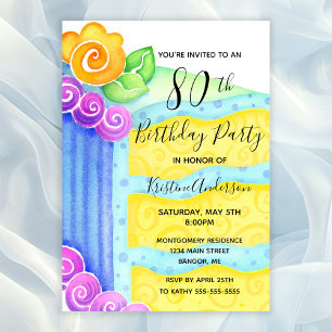 Aqua Blue Yellow Cake Floral 80. Geburtstagsparty Einladung