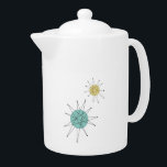 Aqua Blue Yellow Franciscan Sternexplosion Mitte d<br><div class="desc">Dieses fabelhafte,  moderne Teekanne aus der Mitte des Jahrhunderts besticht durch Franziskaner Sternexplosionen in Aquablau und Gelb. Machen Sie eine Retro-Erklärung,  wenn Sie Tee trinken!</div>