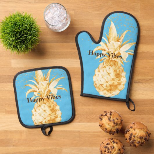 Aqua Blue Yellow Gold Ananas Ofenhandschuh & Topflappen-Set (Oben Unten)