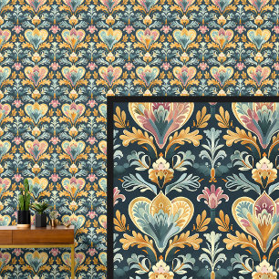 Aqua Blue Yellow Gold Jugendstil Tapete