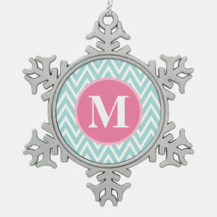 Aqua Blue Zickzack Pattern Pink Monogram Schneeflocken Zinn-Ornament