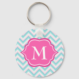 Aqua Blue Zickzack Pink White Monogram Design Schlüsselanhänger