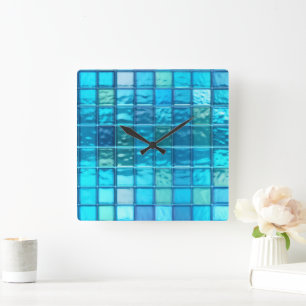 Aqua Blues Translucent Tiled-Look Acrylic Quadratische Wanduhr