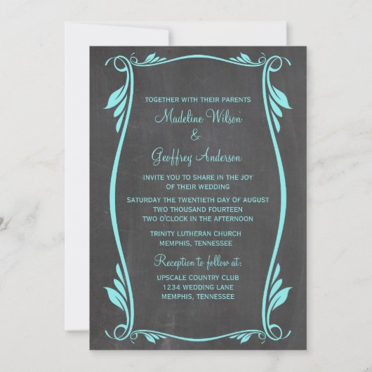 Aqua Blüh Chalkboard Wedding Einladung (Vorderseite)