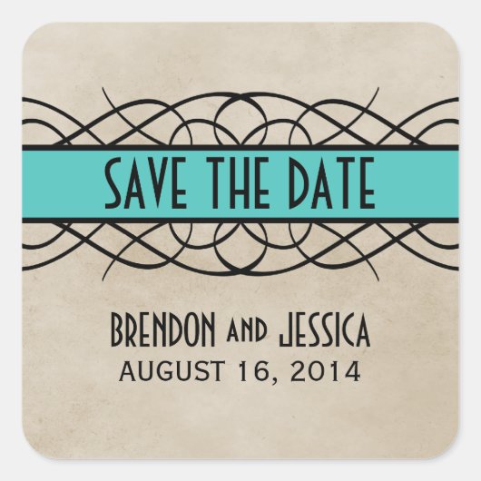 Aqua Blühe Border Save the Date Stickers (Vorderseite)