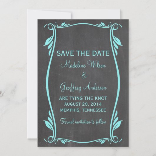 Aqua Blühe Chalkboard Save the Date einladen (Vorderseite)