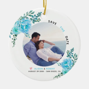 Aqua blühende Hochzeit Save the Date Foto Keramik Ornament