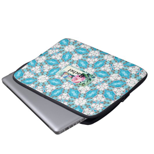 Aqua Blume Pattern Laptopschutzhülle (Vorne Knopf)