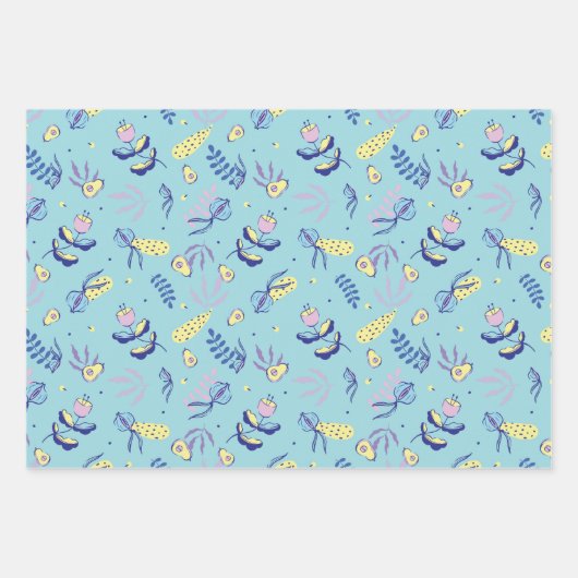 Aqua Blumenmuster Geschenkpapier Set (Vorderseite)