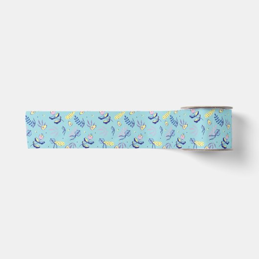 Aqua Blumenmusterband Satinband (Vorderseite)