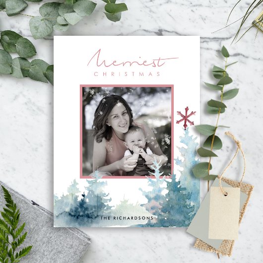AQUA BLUSH PINE BAUM SCHNEE OVERLAY FOTO CHRISTMAS POSTKARTE
