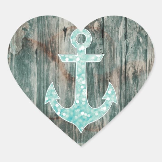 Aqua Bokeh Nautical Glitzer Anchor on Wood Herz-Aufkleber (Vorderseite)
