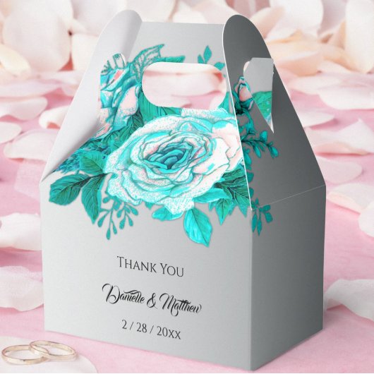 Aqua Botanical Silver Wedding Rose Geschenkschachtel