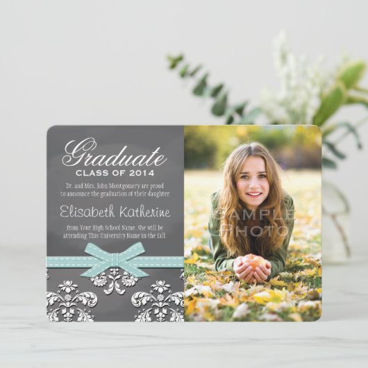 Aqua Bow Chalkboard Lace Abschluss Ankündigung (Stehend Vorderseite)