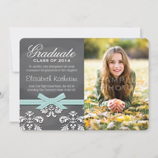 Aqua Bow Chalkboard Lace Abschluss Ankündigung (Vorderseite)