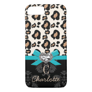 Aqua Bow Heart Shaped Imitats Bling Leopard Print iPhone 8/7 Hülle