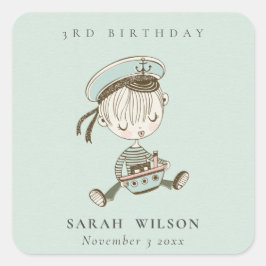 Aqua Boys Little Sailor Nautic jedes Alter Geburts Quadratischer Aufkleber