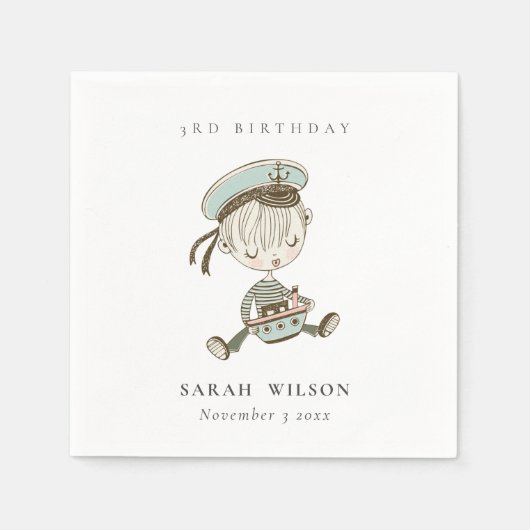 Aqua Boys Little Sailor Nautic jedes Alter Geburts Serviette (Vorderseite)