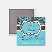 Aqua, braun, weißer Damast Speichern Sie das Datum Magnet (Vorderseite/Rückseite)