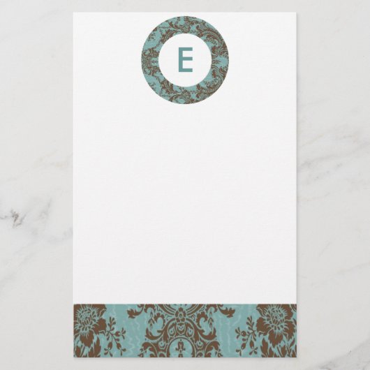 Aqua Brown Damask Anpassbare Monogramm Briefpapier (Vorderseite)
