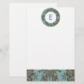 Aqua Brown Damask Anpassbare Monogramm Briefpapier (Vorne/Hinten)