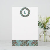 Aqua Brown Damask Anpassbare Monogramm Briefpapier (Stehend Vorderseite)