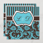 Aqua, Brown, weiße gestreifte Damast-Hochzeit Einladung (Vorne/Hinten)