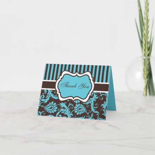 Aqua, Brown, White Damask Danke Note Card (Vorderseite)