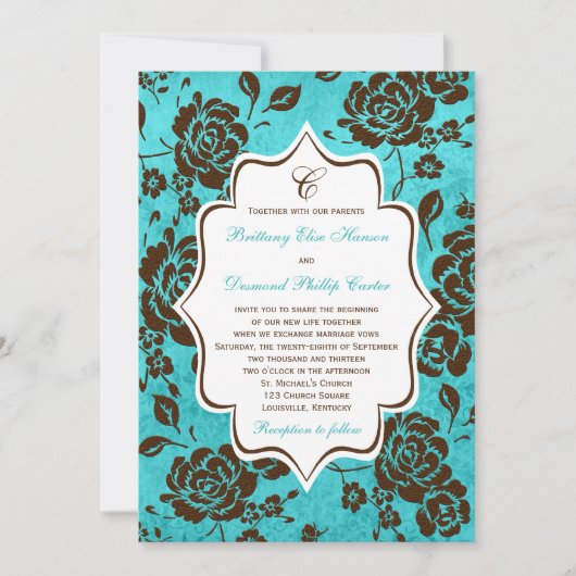 Aqua Brown White Floral Damask Hochzeit Einladung (Vorderseite)