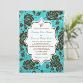 Aqua Brown White Floral Damask Hochzeit Einladung (Stehend Vorderseite)