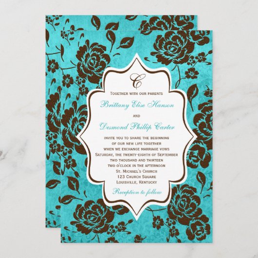 Aqua Brown White Floral Damask Hochzeit Einladung (Vorne/Hinten)