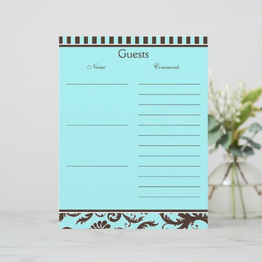 Aqua, Brown, White Strike Damask Gästebuch (Stehend Vorderseite)