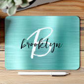 Aqua Brushed Metal Black White Script Monogram Mousepad
