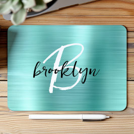 Aqua Brushed Metal Black White Script Monogram  Mousepad