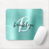 Aqua Brushed Metal Black White Script Monogram Mousepad (Mit Mouse)