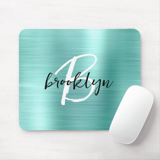 Aqua Brushed Metal Black White Script Monogram Mousepad (Mit Mouse)
